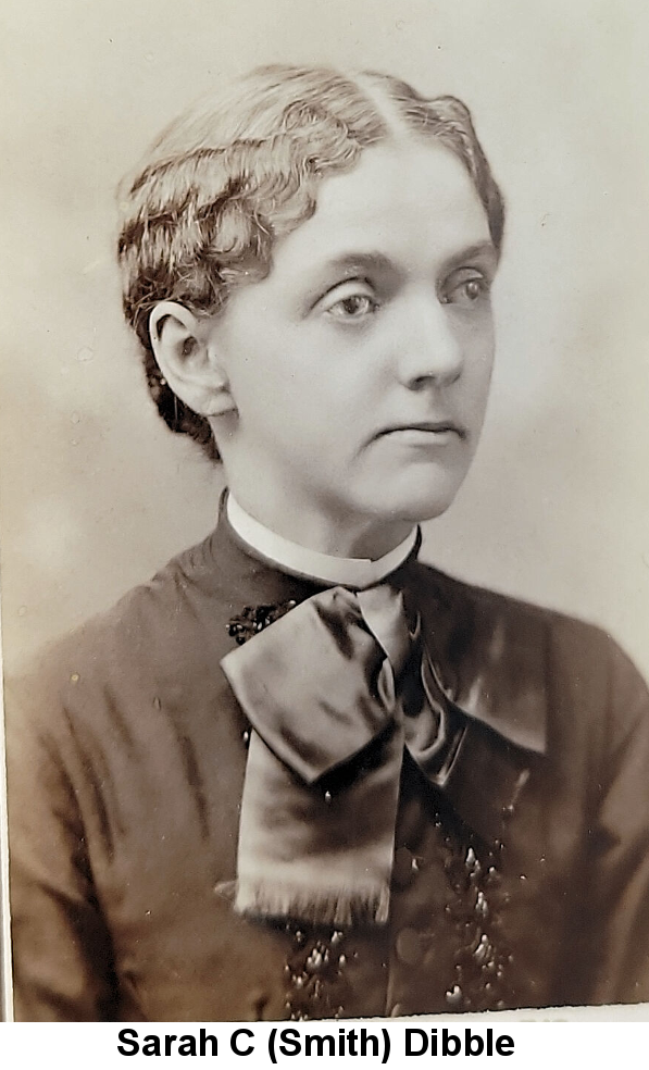 Sarah C (Smith) Dibble; sepia-tone photograph of a young woman with short, light-brown curly hair, wide eyes and a slightly turned-down mouth, wearing a dark dress with a tight white collar and a broad dark satin ribbon at the neck